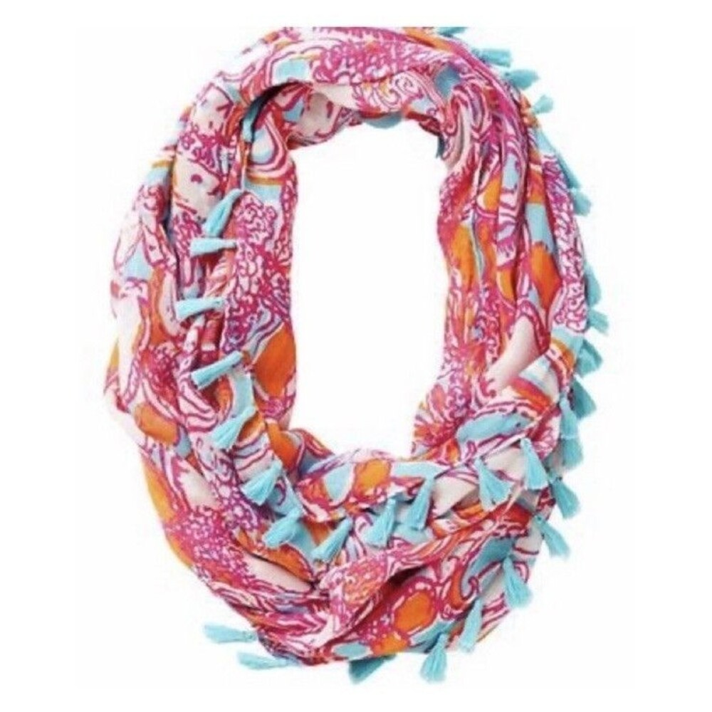 Lilly Pulitzer Floral Tassel infinity Scarf, Reversible Pink Blue Orange White